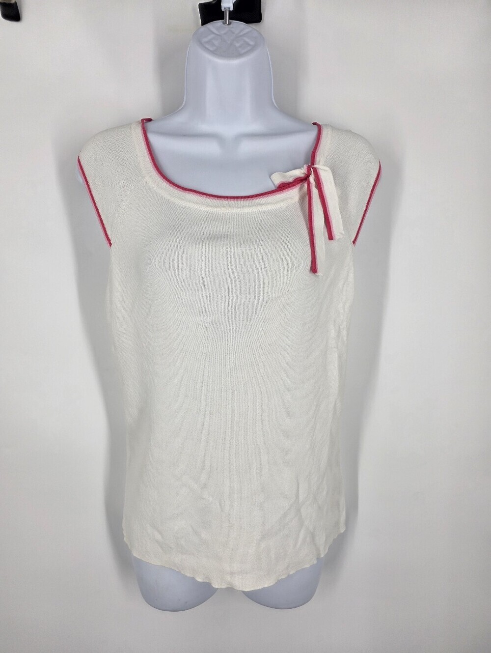 Vintage Dane Lewis Knit Shell Top M White Pink Trim Bow Coquette Grandmacore